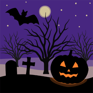 Halloween-Kürbis und Fledermaus bei Vollmond, mit Grabsteinen und kahlen Bäumen